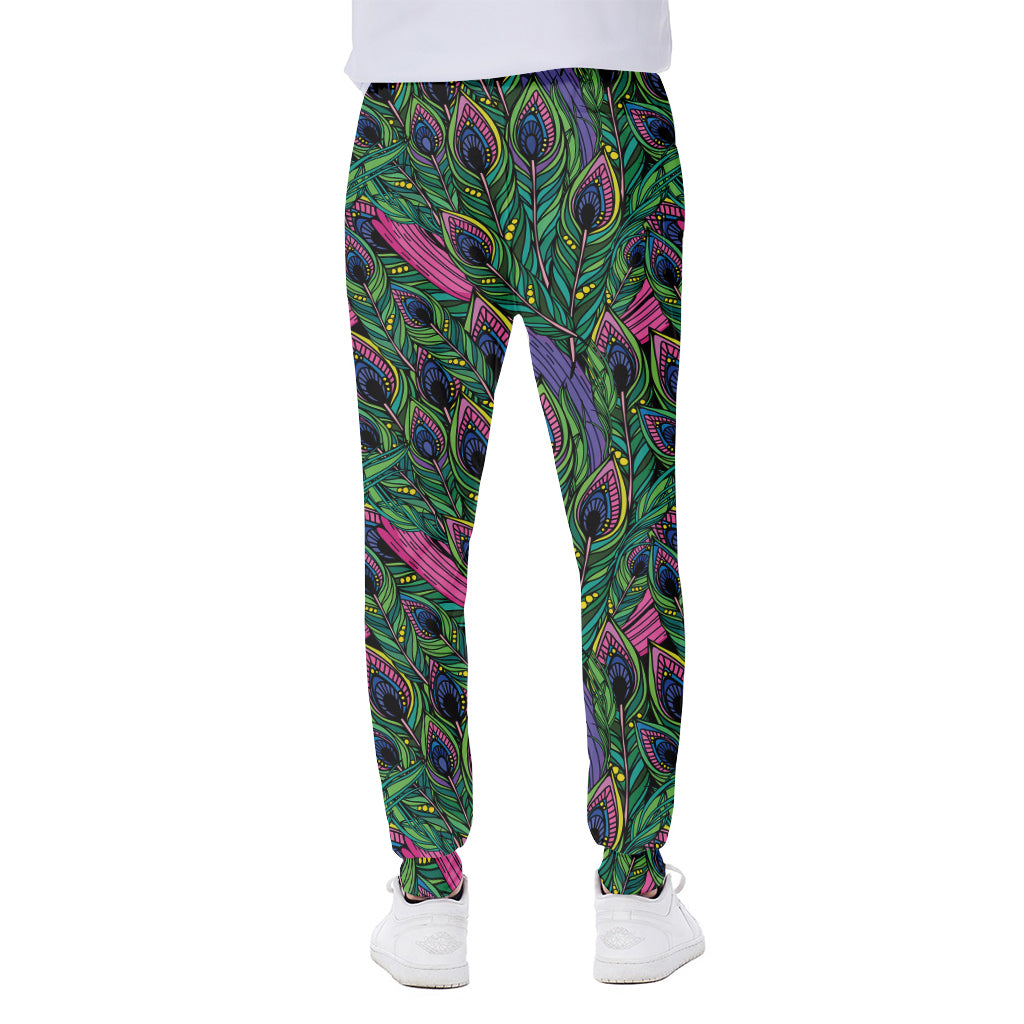 Boho Peacock Feather Pattern Print Scuba Joggers