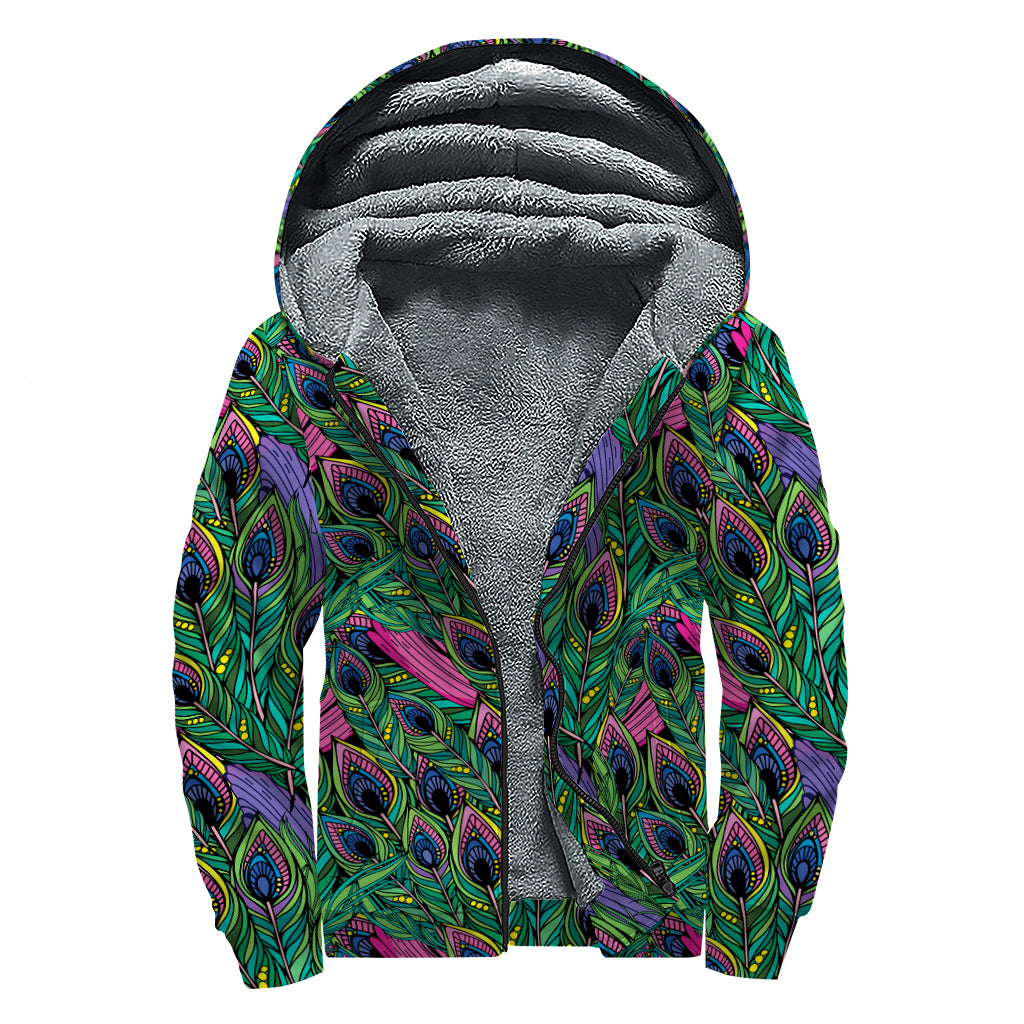 Boho Peacock Feather Pattern Print Sherpa Lined Zip Up Hoodie