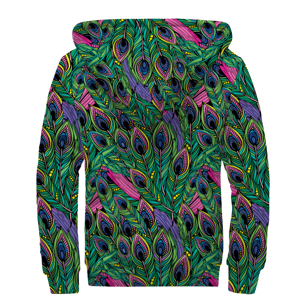 Boho Peacock Feather Pattern Print Sherpa Lined Zip Up Hoodie