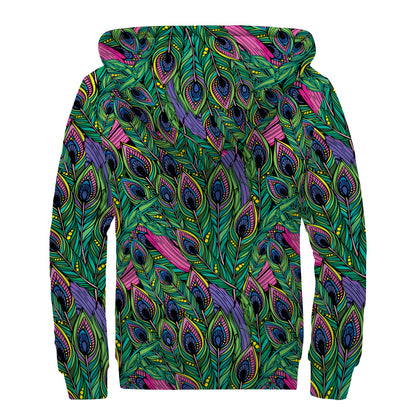 Boho Peacock Feather Pattern Print Sherpa Lined Zip Up Hoodie