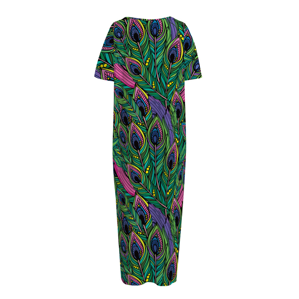 Boho Peacock Feather Pattern Print Short Sleeve Long Nightdress