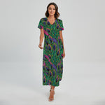 Boho Peacock Feather Pattern Print Short Sleeve Maxi Dress