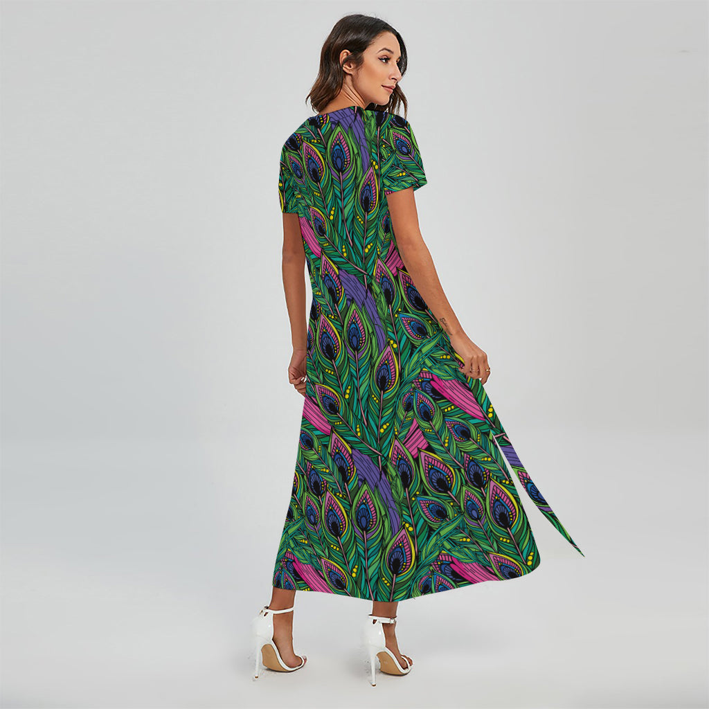 Boho Peacock Feather Pattern Print Short Sleeve Maxi Dress