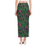 Boho Peacock Feather Pattern Print Side Slit Maxi Skirt