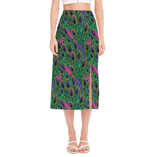 Boho Peacock Feather Pattern Print Side Slit Midi Skirt