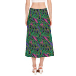 Boho Peacock Feather Pattern Print Side Slit Midi Skirt