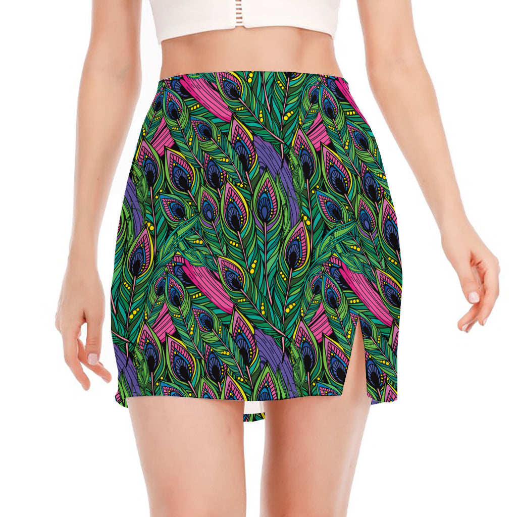 Boho Peacock Feather Pattern Print Side Slit Mini Skirt