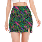 Boho Peacock Feather Pattern Print Side Slit Mini Skirt