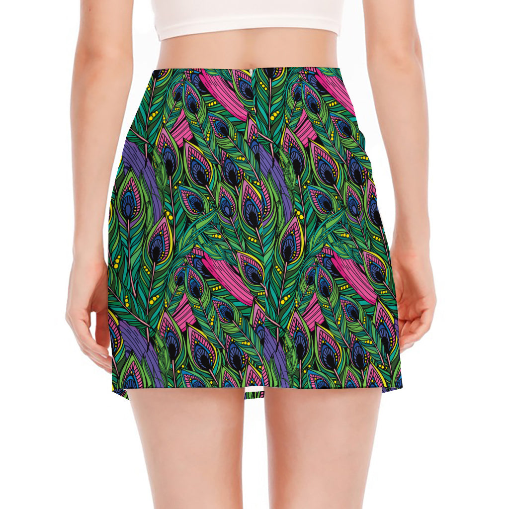 Boho Peacock Feather Pattern Print Side Slit Mini Skirt