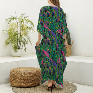 Boho Peacock Feather Pattern Print Silk V-Neck Kaftan Dress