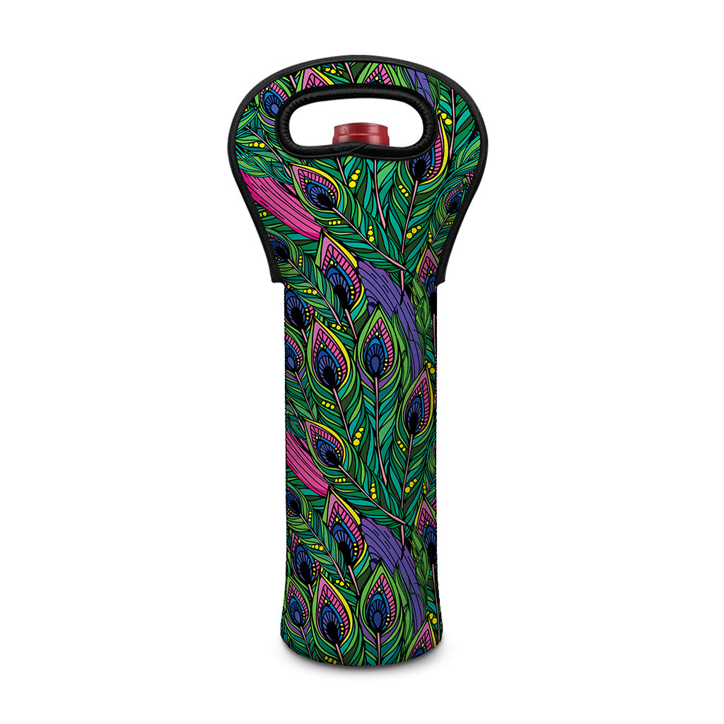 Boho Peacock Feather Pattern Print Single Neoprene Wine Tote