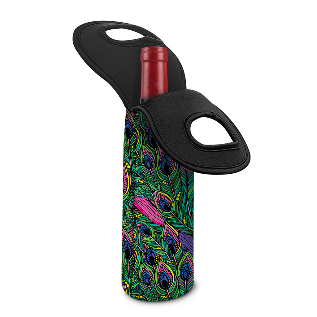 Boho Peacock Feather Pattern Print Single Neoprene Wine Tote