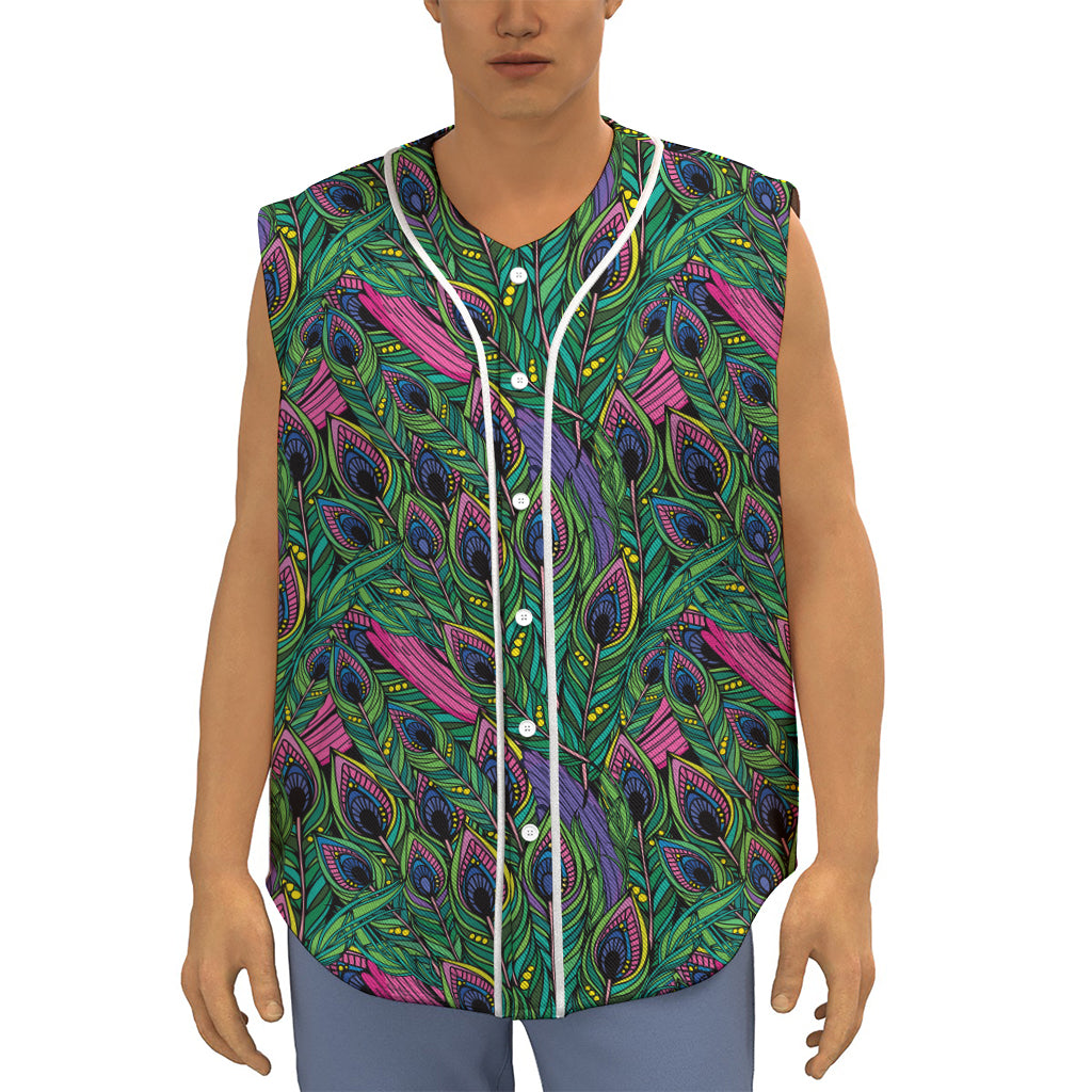 Boho Peacock Feather Pattern Print Sleeveless Baseball Jersey