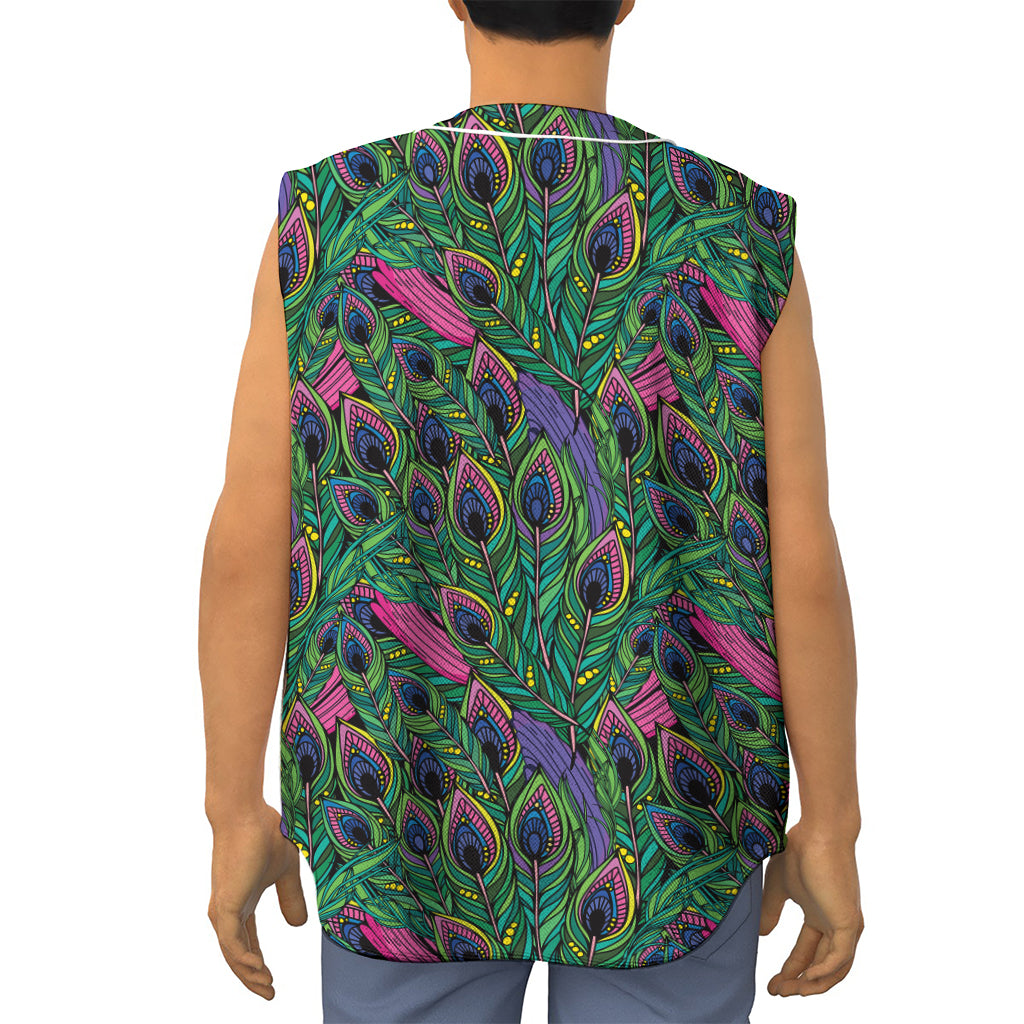 Boho Peacock Feather Pattern Print Sleeveless Baseball Jersey