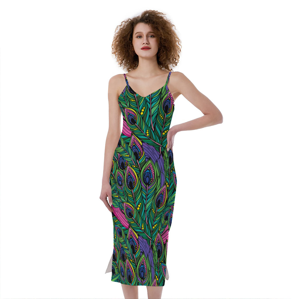 Boho Peacock Feather Pattern Print Slim Fit Midi Cami Dress