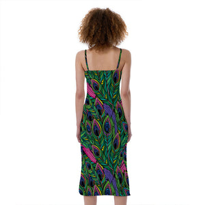 Boho Peacock Feather Pattern Print Slim Fit Midi Cami Dress