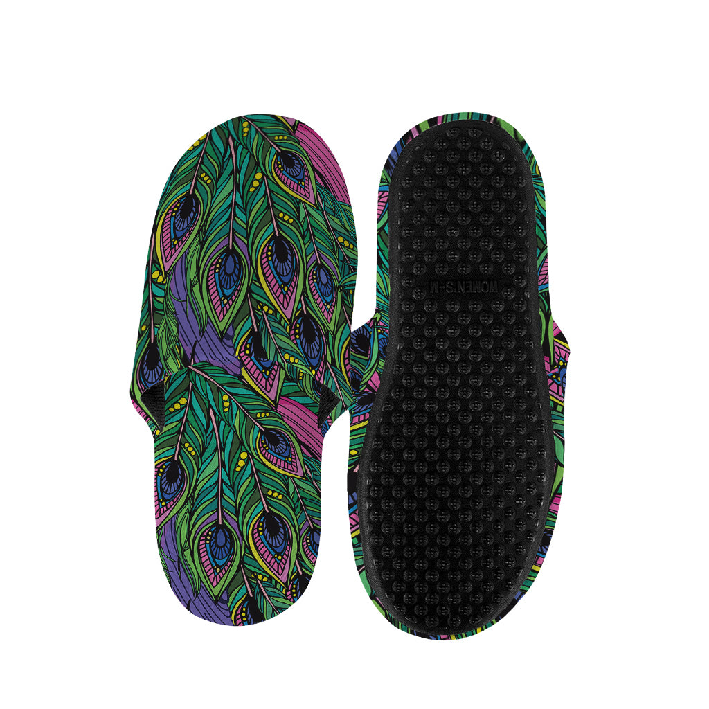 Boho Peacock Feather Pattern Print Slippers
