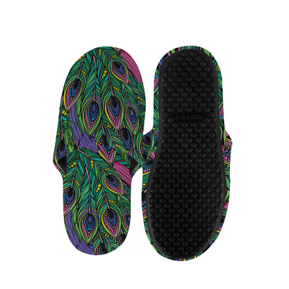 Boho Peacock Feather Pattern Print Slippers