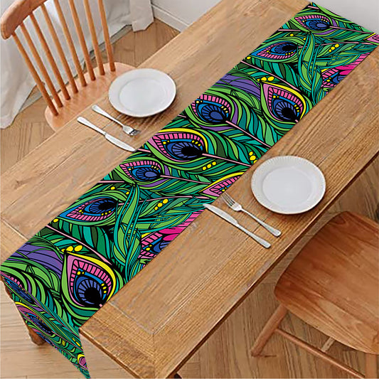 Boho Peacock Feather Pattern Print Table Runner