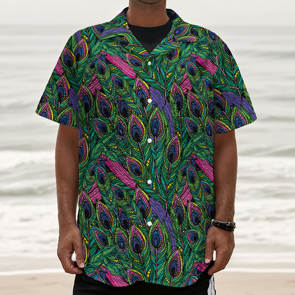 Boho Peacock Feather Pattern Print Textured Short Sleeve Shirt