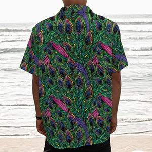 Boho Peacock Feather Pattern Print Textured Short Sleeve Shirt