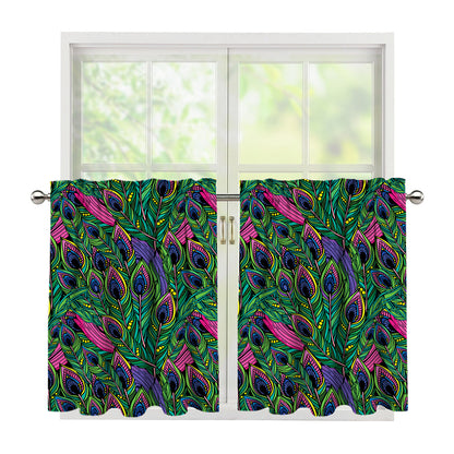 Boho Peacock Feather Pattern Print Tier Curtains