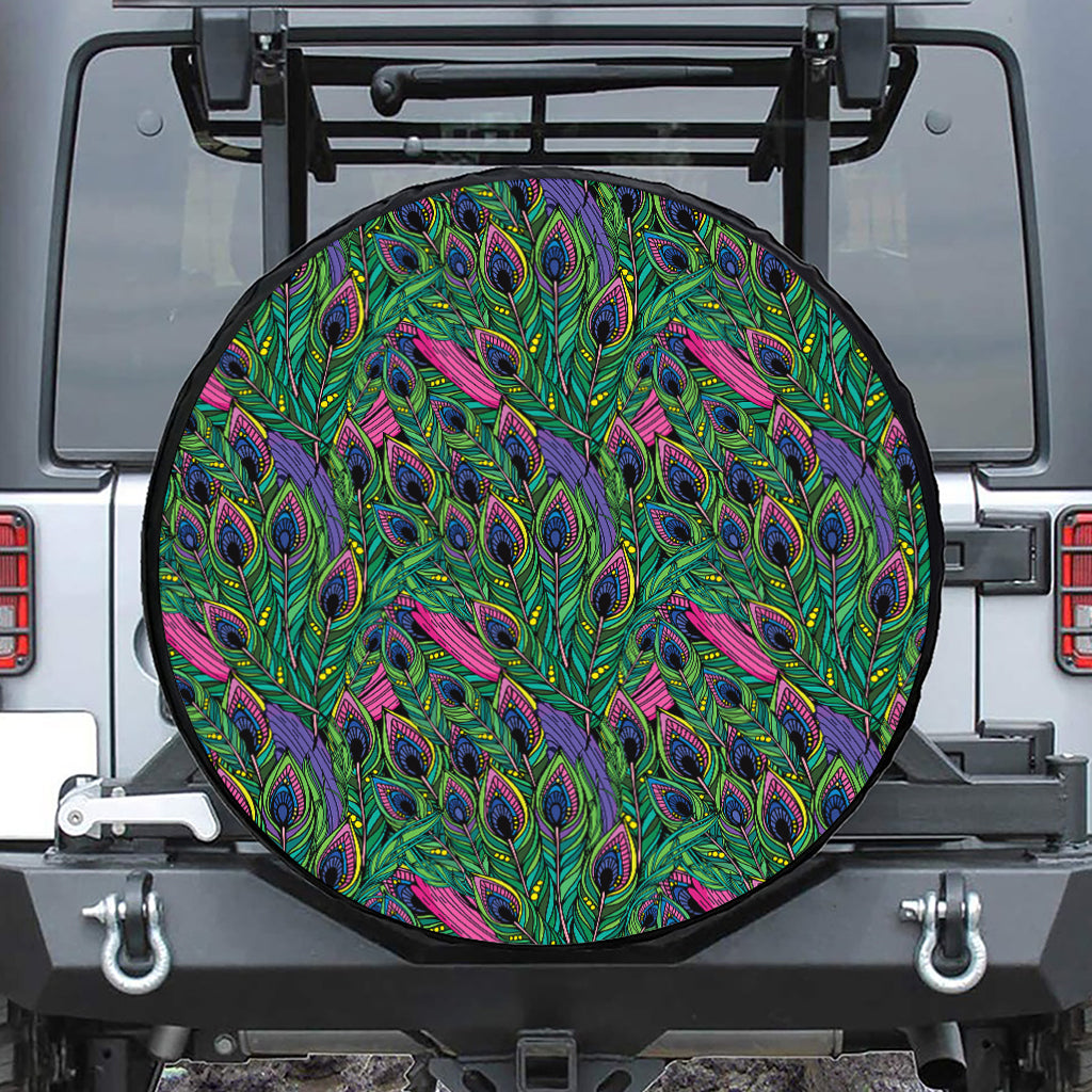 Boho Peacock Feather Pattern Print Tire Cover