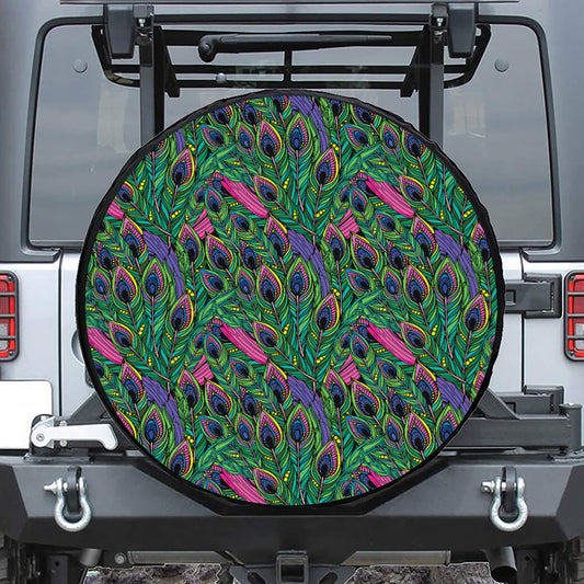 Boho Peacock Feather Pattern Print Tire Cover