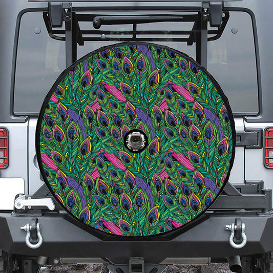 Boho Peacock Feather Pattern Print Tire Cover With Camera Hole