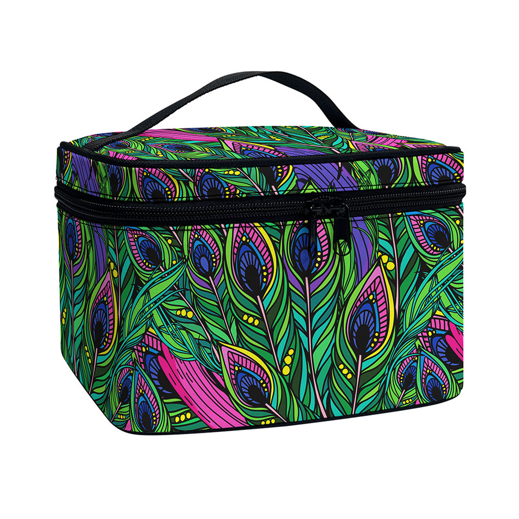 Boho Peacock Feather Pattern Print Travel Makeup Bag