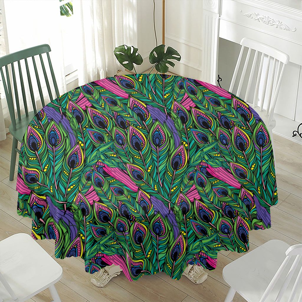 Boho Peacock Feather Pattern Print Waterproof Round Tablecloth