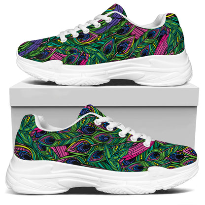 Boho Peacock Feather Pattern Print White Chunky Shoes