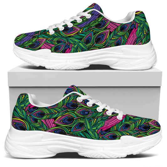 Boho Peacock Feather Pattern Print White Chunky Shoes