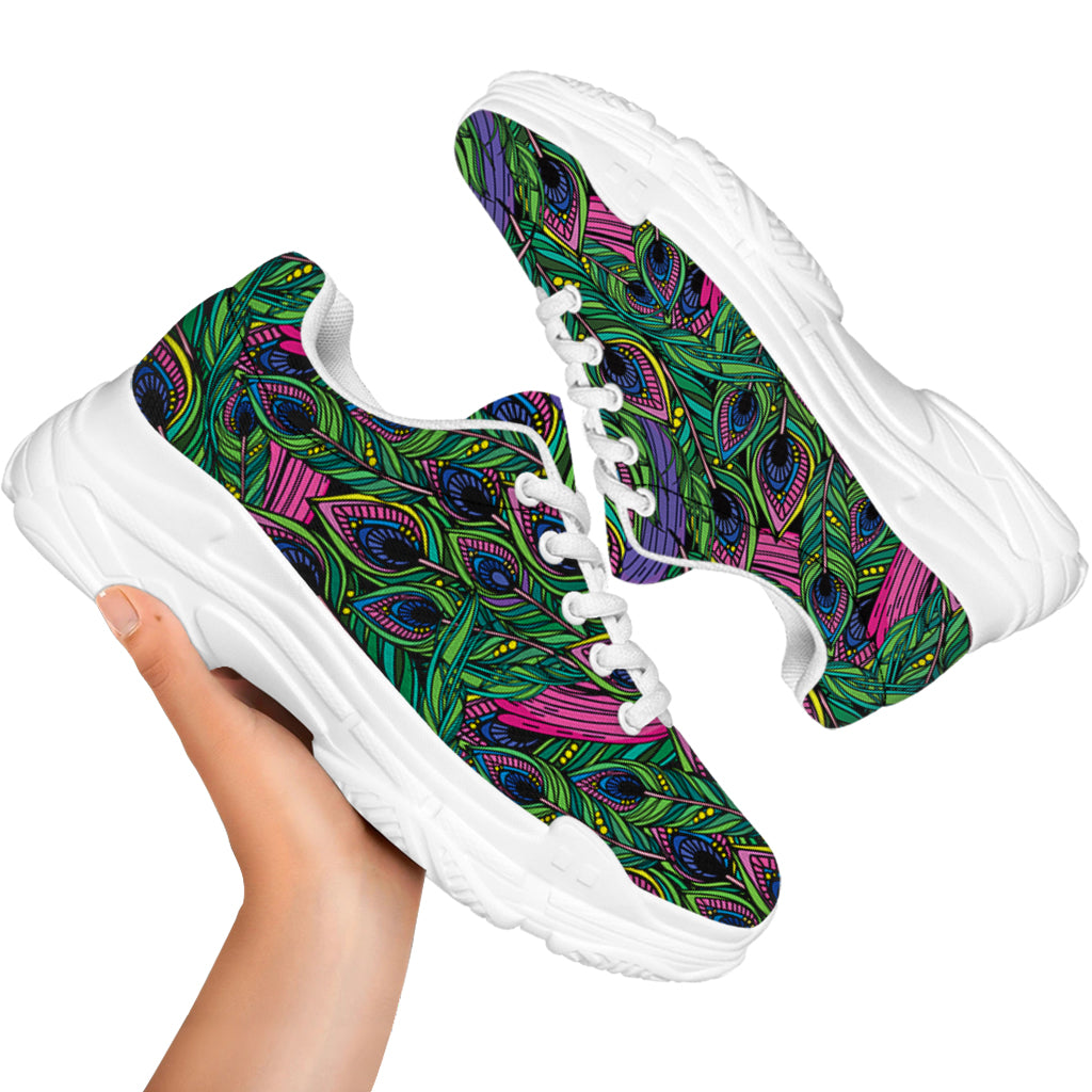 Boho Peacock Feather Pattern Print White Chunky Shoes