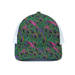 Boho Peacock Feather Pattern Print White Mesh Trucker Cap