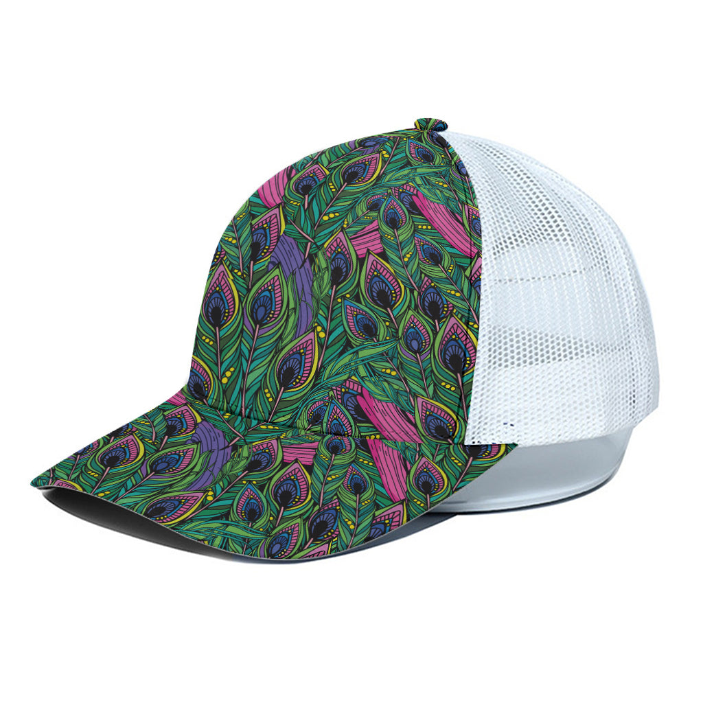 Boho Peacock Feather Pattern Print White Mesh Trucker Cap