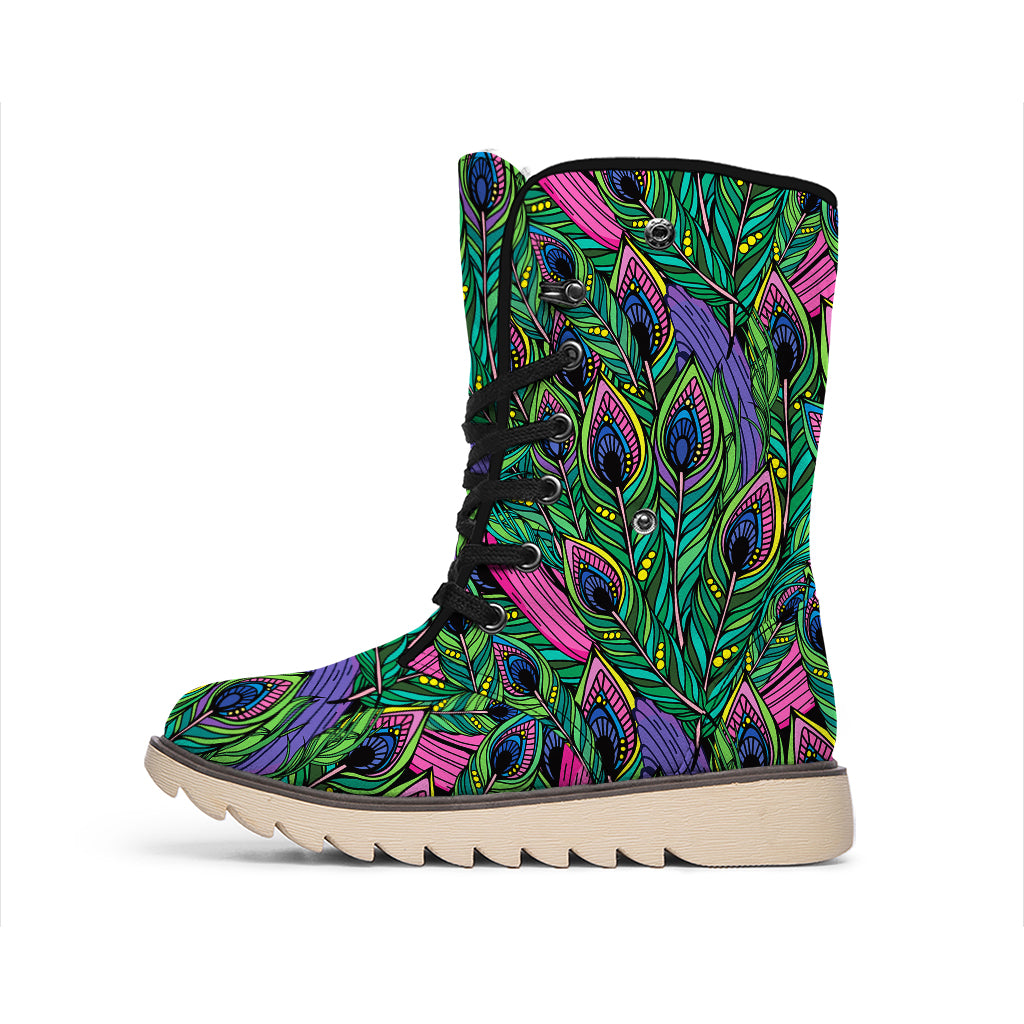 Boho Peacock Feather Pattern Print Winter Boots