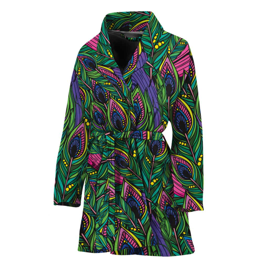 Boho Peacock Feather Pattern Print Women's Bathrobe