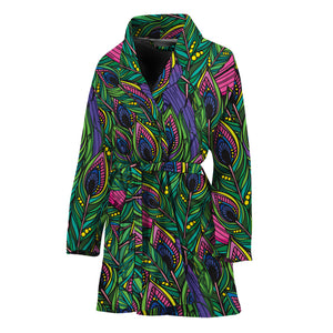 Boho Peacock Feather Pattern Print Women's Bathrobe