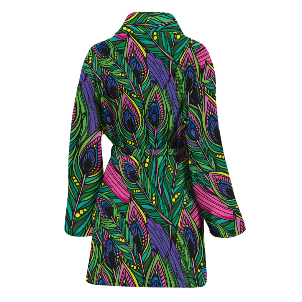 Boho Peacock Feather Pattern Print Women's Bathrobe