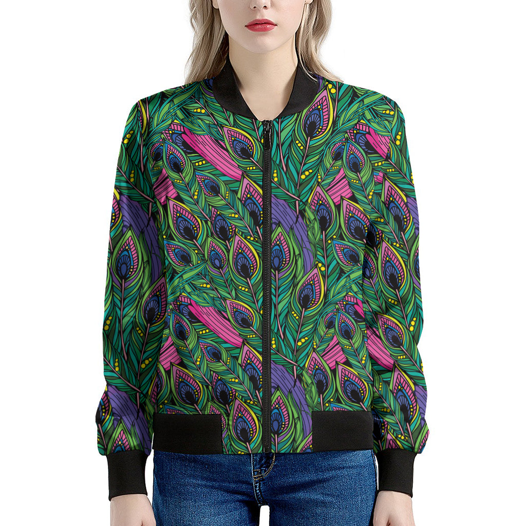 Boho Peacock Feather Pattern Print Women's Bomber Jacket