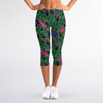 Boho Peacock Feather Pattern Print Women's Capri Leggings