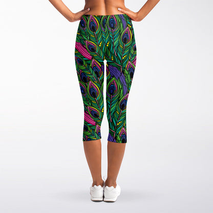 Boho Peacock Feather Pattern Print Women's Capri Leggings