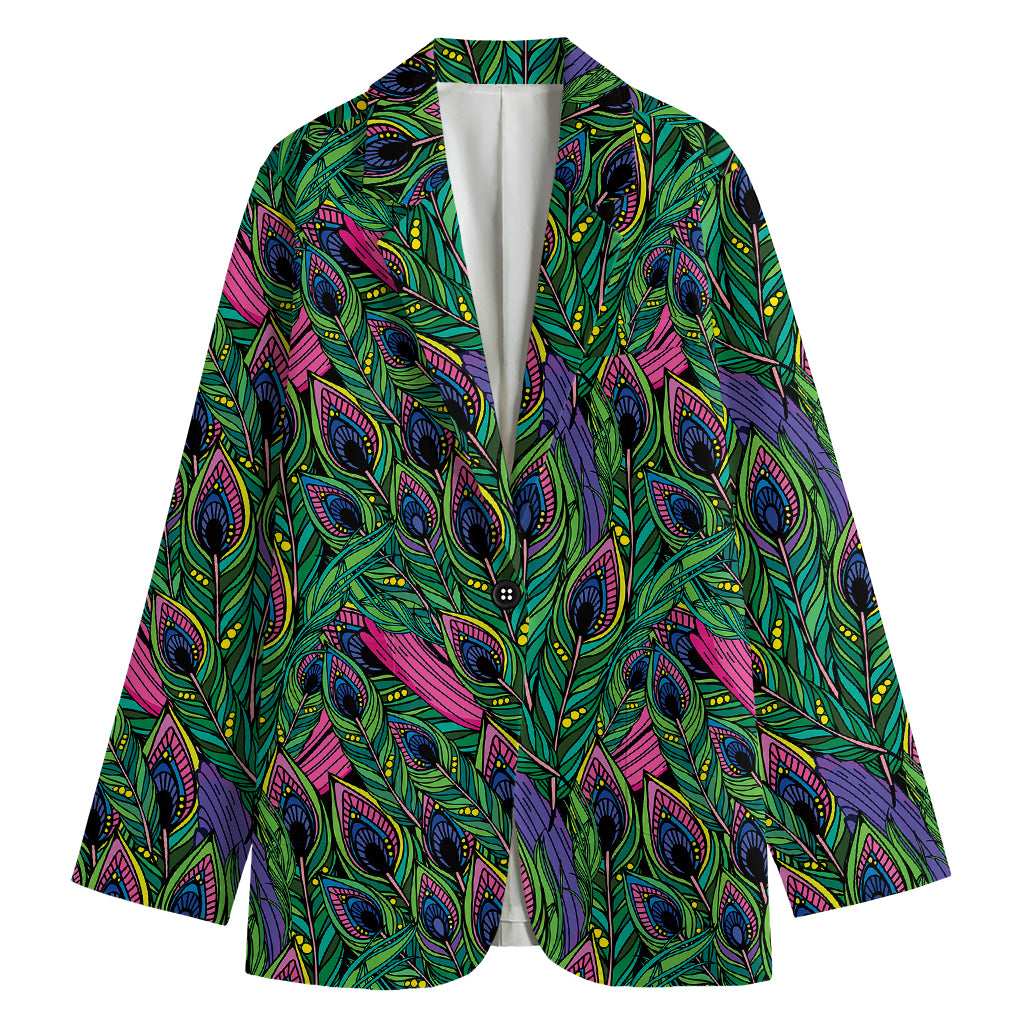 Boho Peacock Feather Pattern Print Women's Cotton Blazer