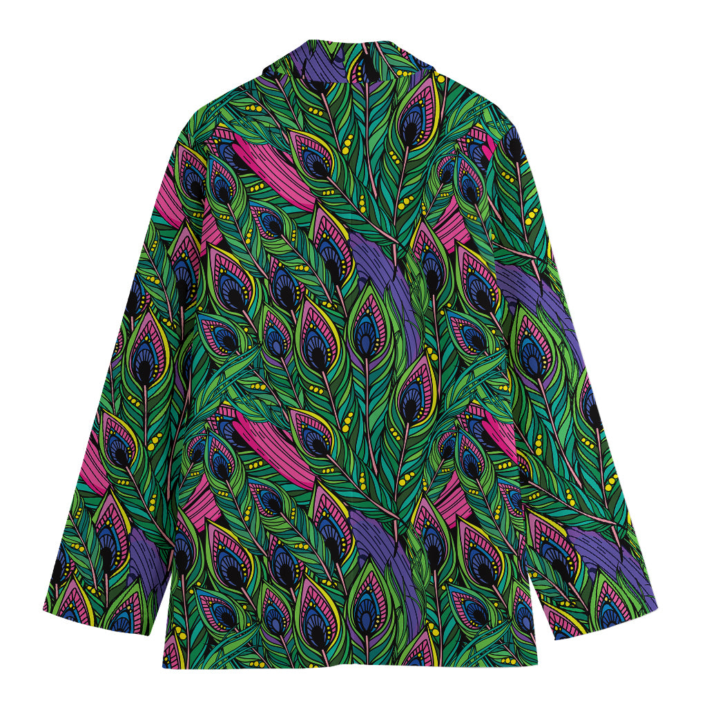 Boho Peacock Feather Pattern Print Women's Cotton Blazer