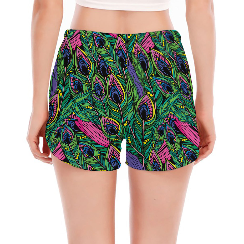 Boho Peacock Feather Pattern Print Women's Split Running Shorts