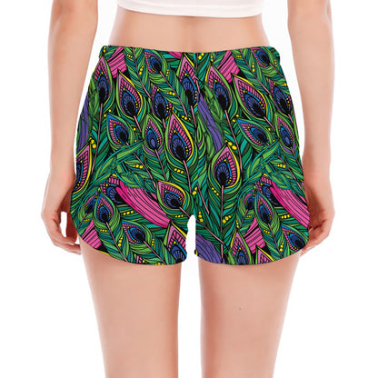 Boho Peacock Feather Pattern Print Women's Split Running Shorts