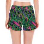 Boho Peacock Feather Pattern Print Women's Split Running Shorts