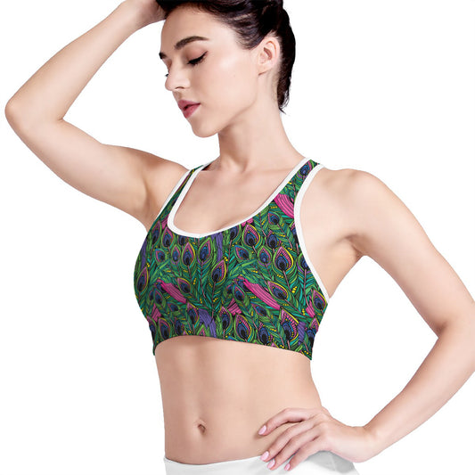 Boho Peacock Feather Pattern Print Women's Sports Bra