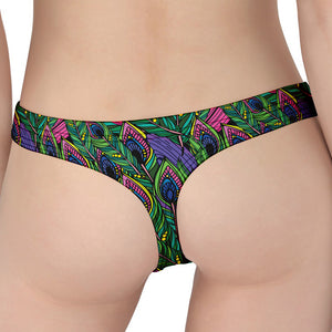 Boho Peacock Feather Pattern Print Women's Thong